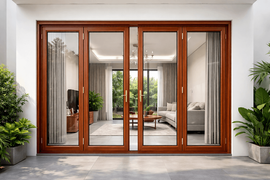 Cửa nhôm kính 4 cánh vân gỗ hài hòa với cảnh quan bên ngoài